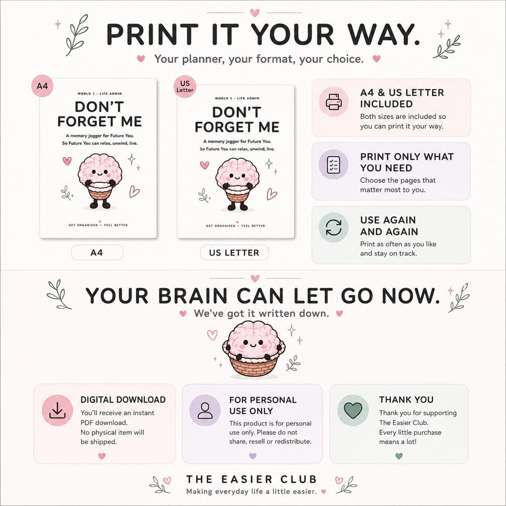 Don't forget me printable planner in A4 and US letter with digital download, print at home and personal use information 