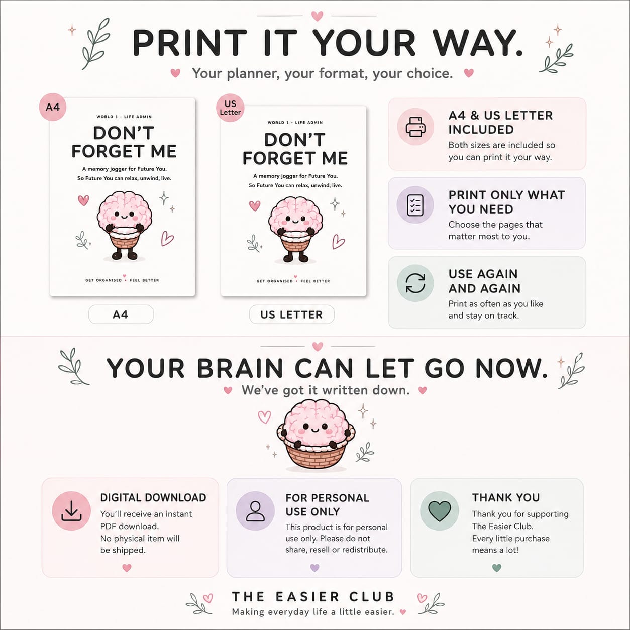Don't forget me printable planner in A4 and US letter with digital download, print at home and personal use information 