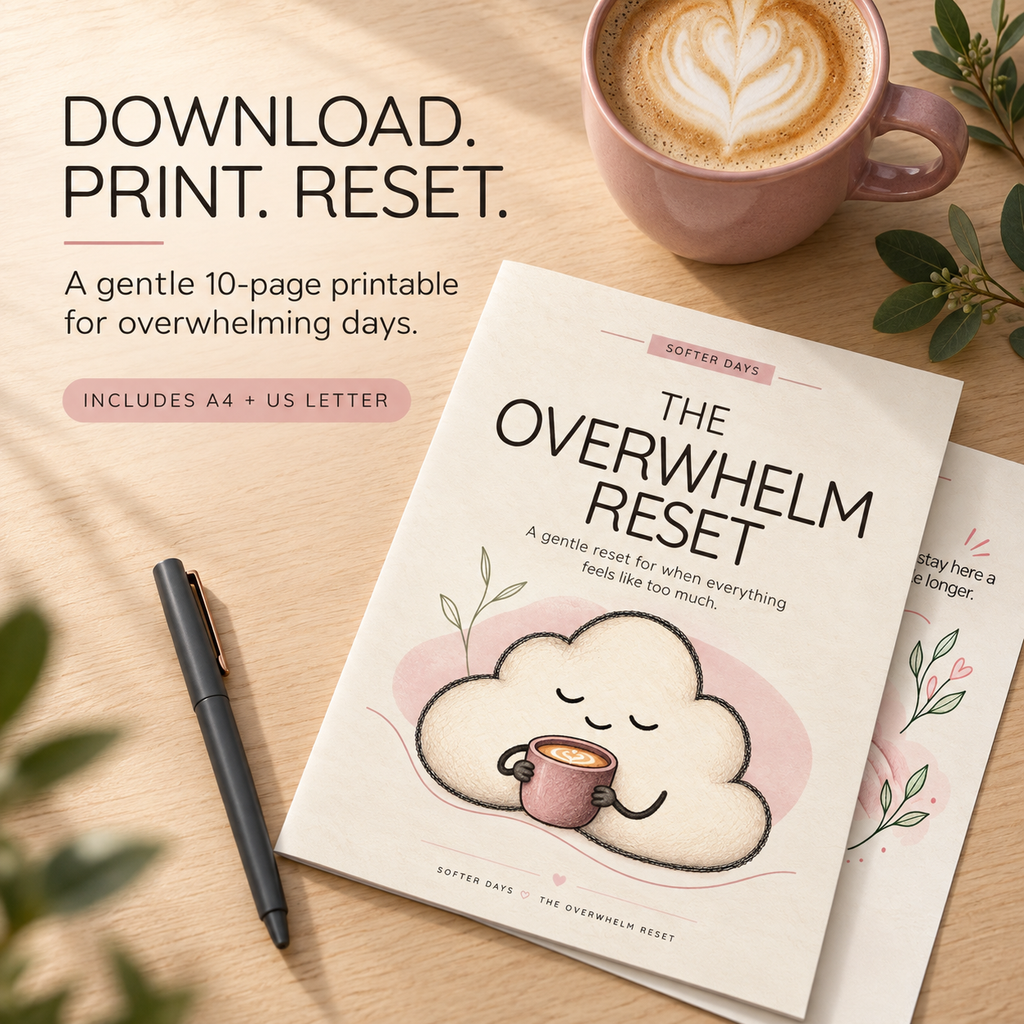 The Overwhelm Reset printed beside a mauve latte, with text confirming an instant download in A4 and US Letter sizes.