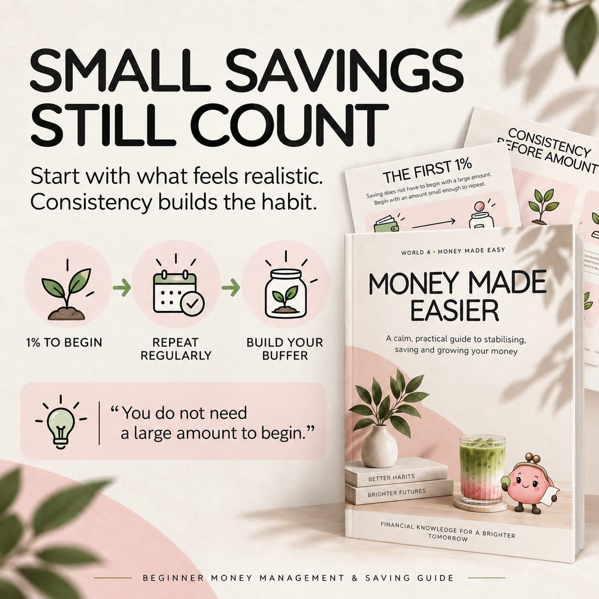 Small Savings Still Count graphic showing how a realistic amount can become a consistent saving habit and safety buffer.