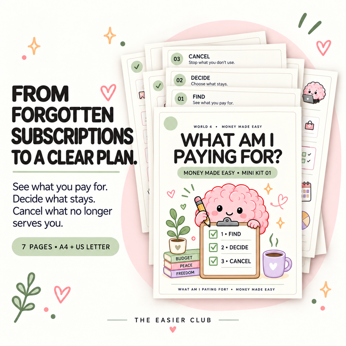 Money Made Easy printable for finding forgotten subscriptions, deciding what stays and cancelling unnecessary recurring payments.