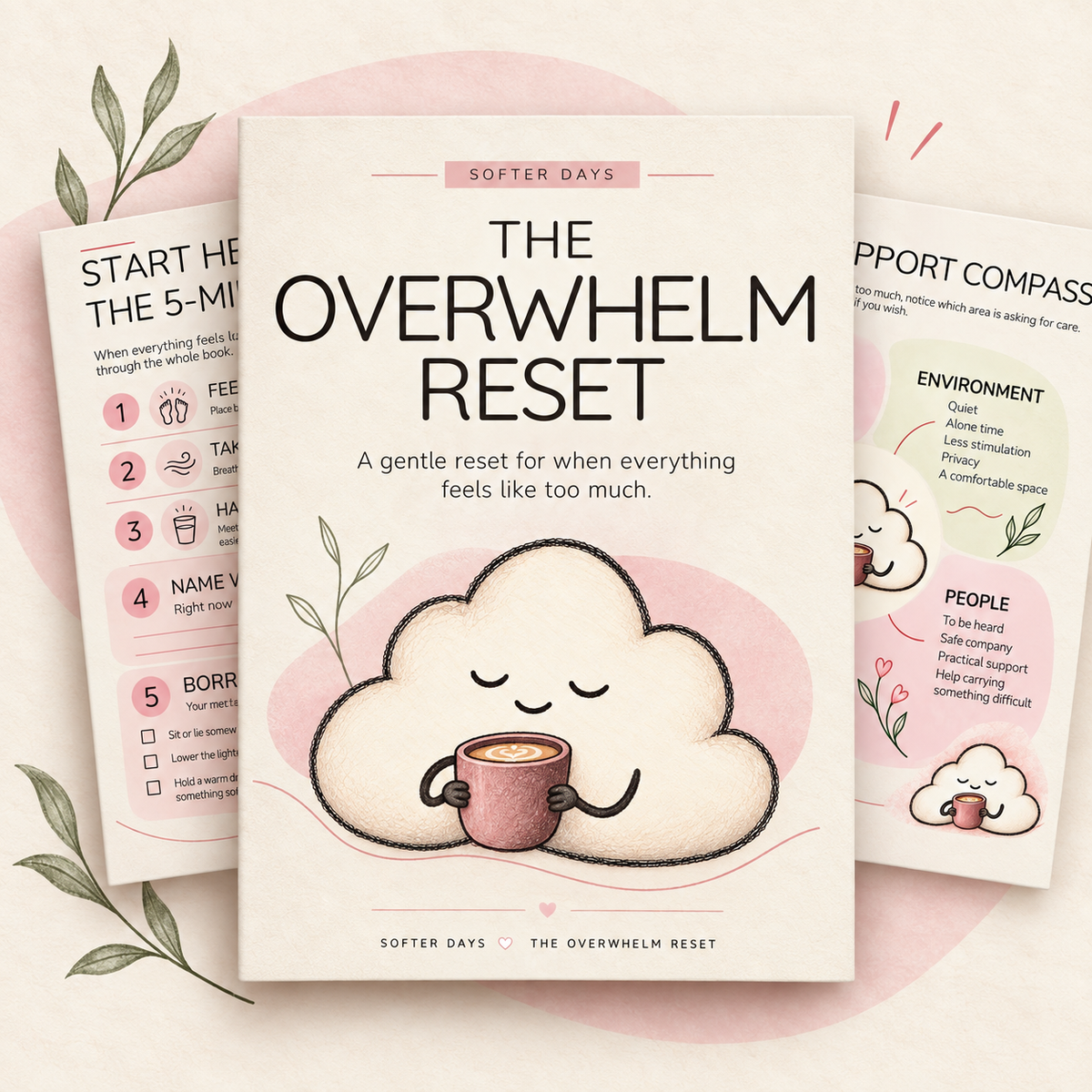 The Overwhelm Reset printable cover with the cloud mascot, layered over cropped previews of two interior wellness worksheets.