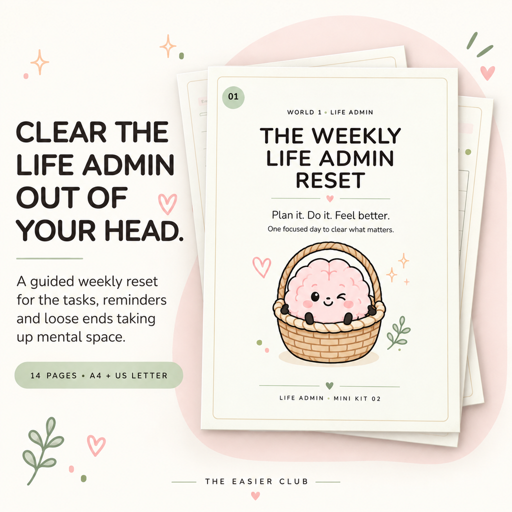 The Weekly Life Admin Reset 14-page printable guide with A4 and US Letter files.
