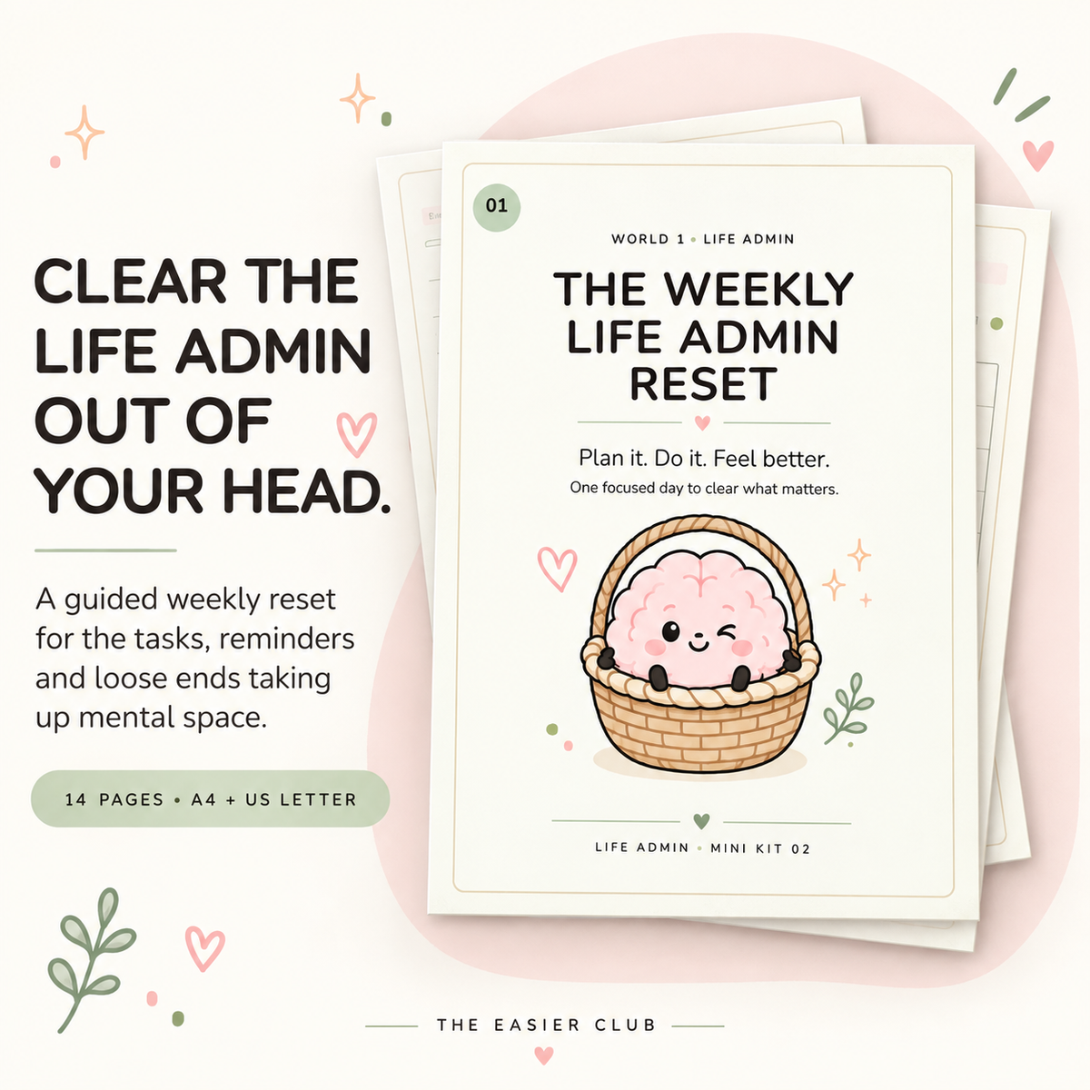 The Weekly Life Admin Reset 14-page printable guide with A4 and US Letter files.