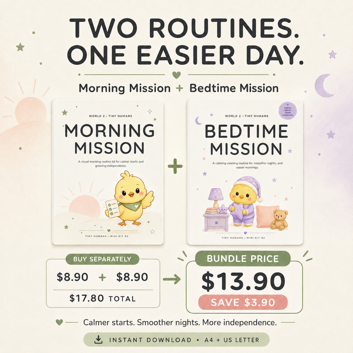 Morning and Bedtime Routine Bundle priced at $13.90 with a $3.90 bundle saving