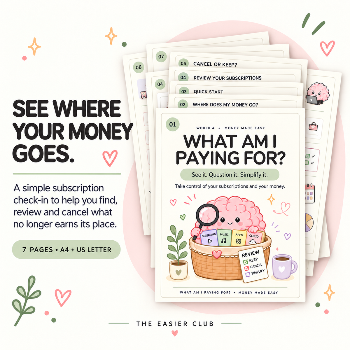 What Am I Paying For seven-page subscription tracker printable from the Money Made Easy collection, available in A4 and US Letter.