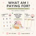 Shopify product image for What Am I Paying For?, a printable subscription tracker and reset kit from The Easier Club, showing the cover page, subscription hunt page and keep, question or cancel page in A4 and US Letter format.