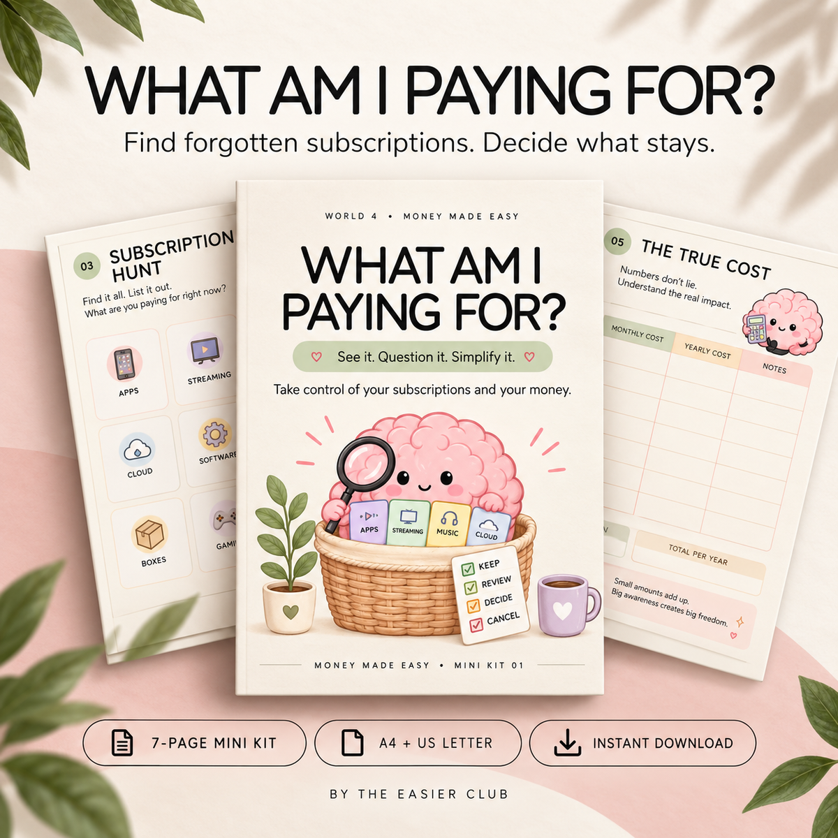 What Am I Paying For? subscription tracker printable by The Easier Club, featuring a pink brain mascot in a wicker basket, two worksheet previews, and labels for the seven-page instant download in A4 and US Letter.