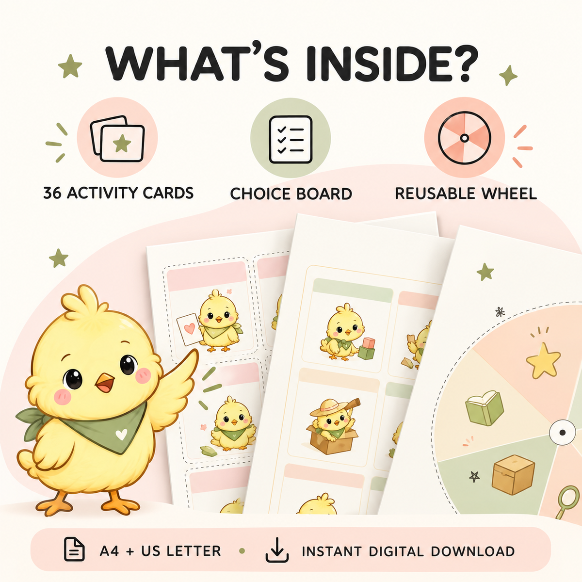 Overview of the I’m Bored printable kit showing partially covered activity cards, choice board and reusable boredom-choice wheel.