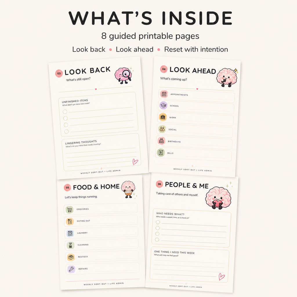 Weekly Sort-Out printable pages for reviewing tasks, planning ahead, organising home responsibilities and personal needs