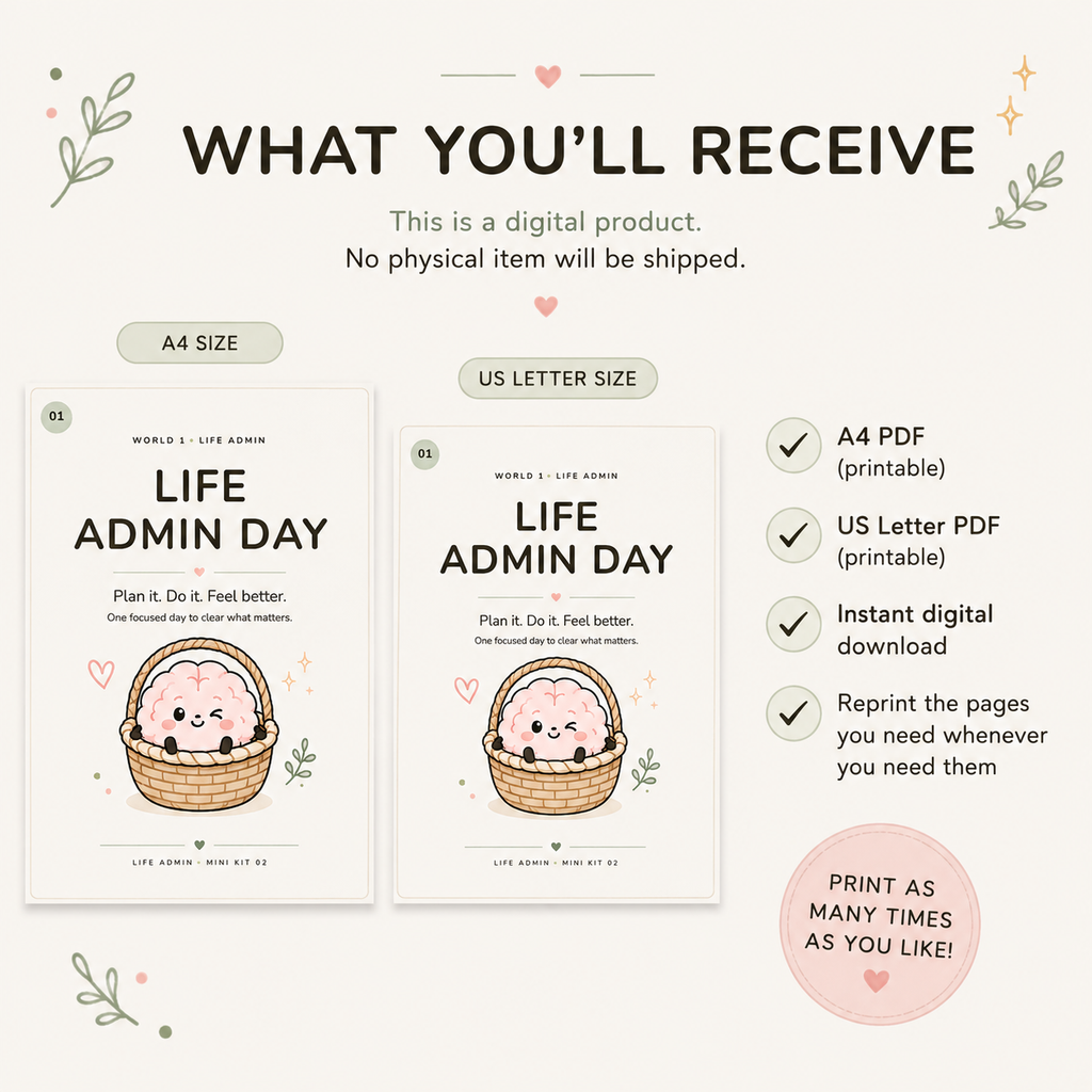 Life Admin Day digital download with A4 and US Letter printable PDF files