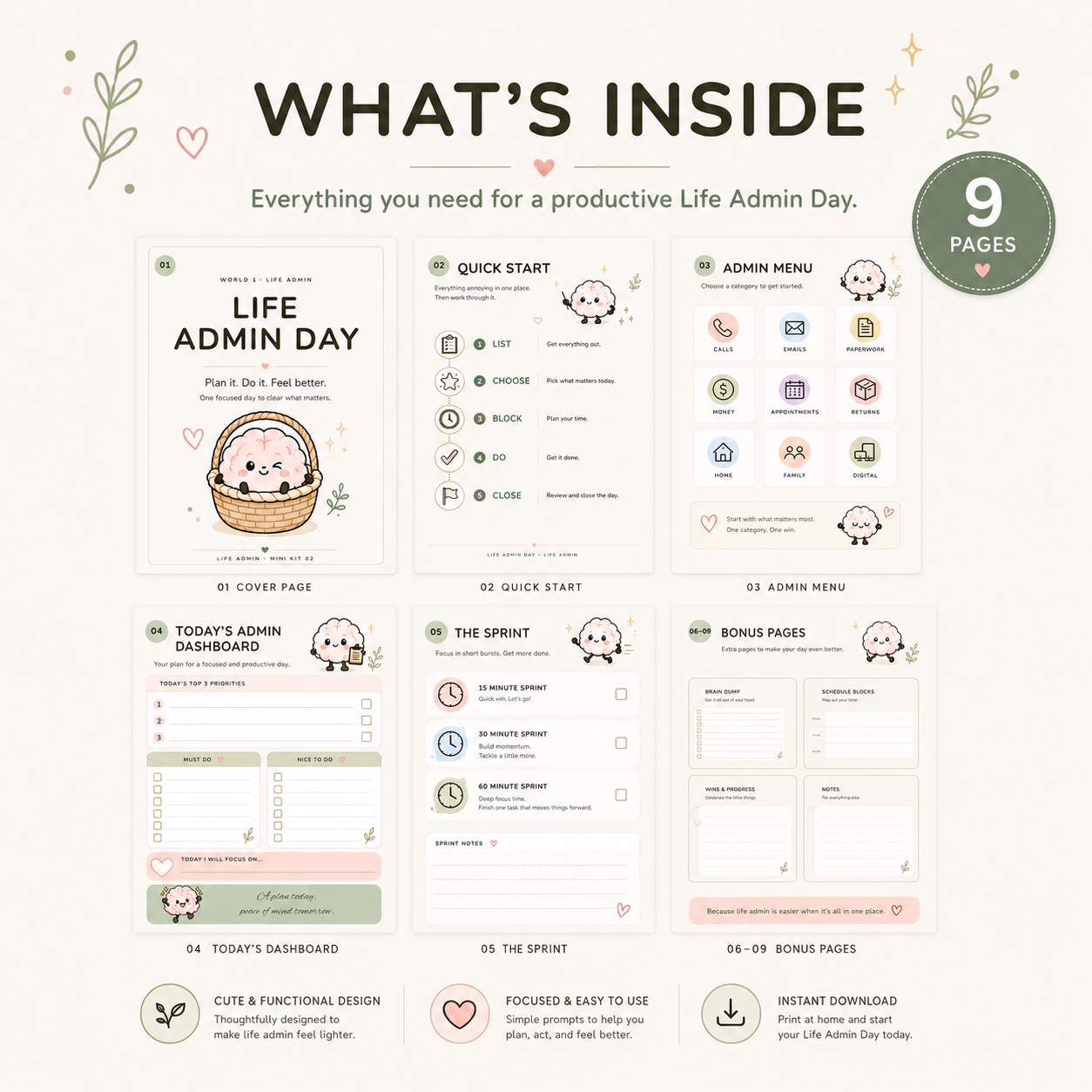 Life Admin Day printable planner pages showing the full life admin kit contents