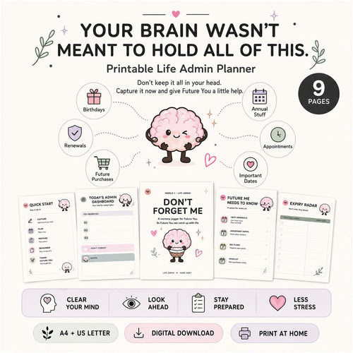 Don't forget me life admin printable showing reminders for birthdays, renewals, appointments and annual tasks 