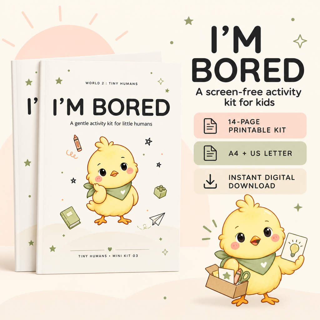 Two copies of the 'I'm Bored' printable activity kit for kids by Tiny Humans, featuring a cute yellow chick illustration on the cover, set against a soft beige background with decorative stars.