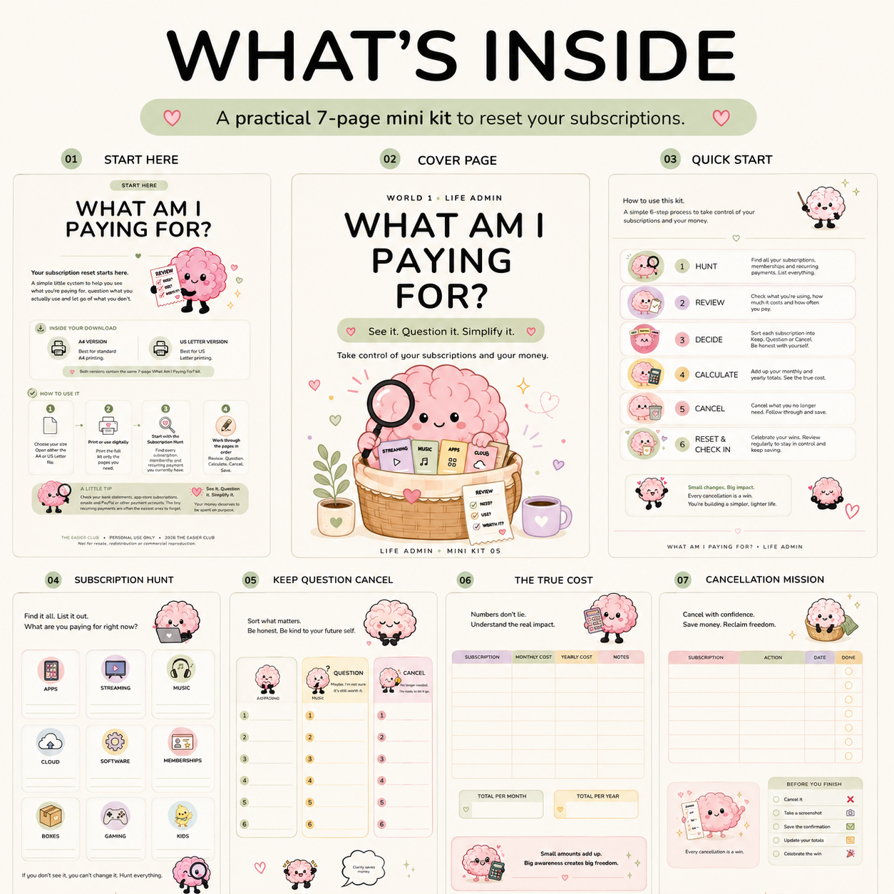 Shopify product image showing what is included inside the What Am I Paying For? printable mini kit, including the cover page, quick start page, subscription hunt page, keep question cancel page, true cost page, cancellation mission page and money handled page.